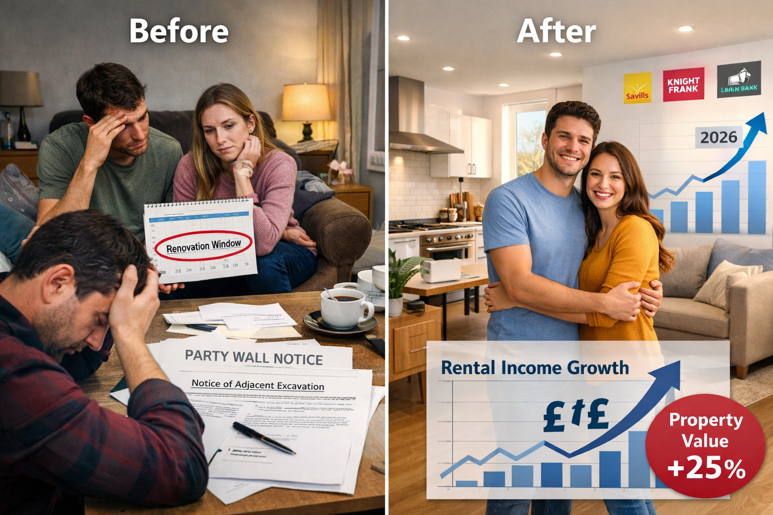 Detailed () split-screen comparison image showing 'Before' and 'After' scenarios of buy-to-let property extension project.