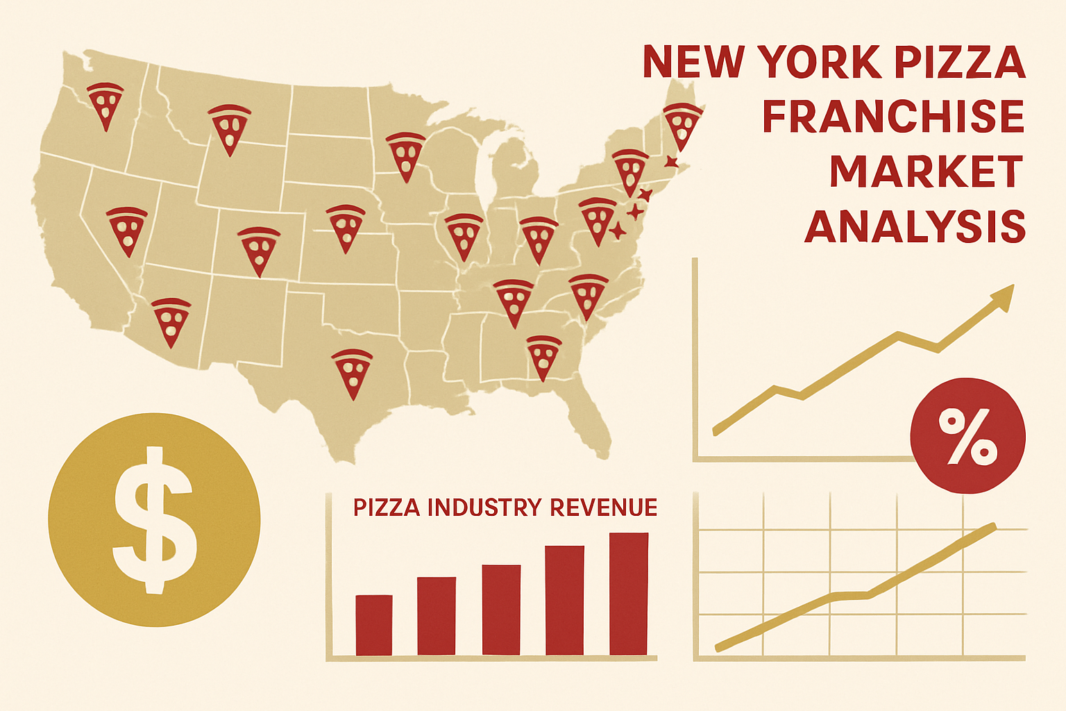 Detailed landscape image (1536x1024) showing New York pizza franchise market analysis with infographic elements - map of United States highl
