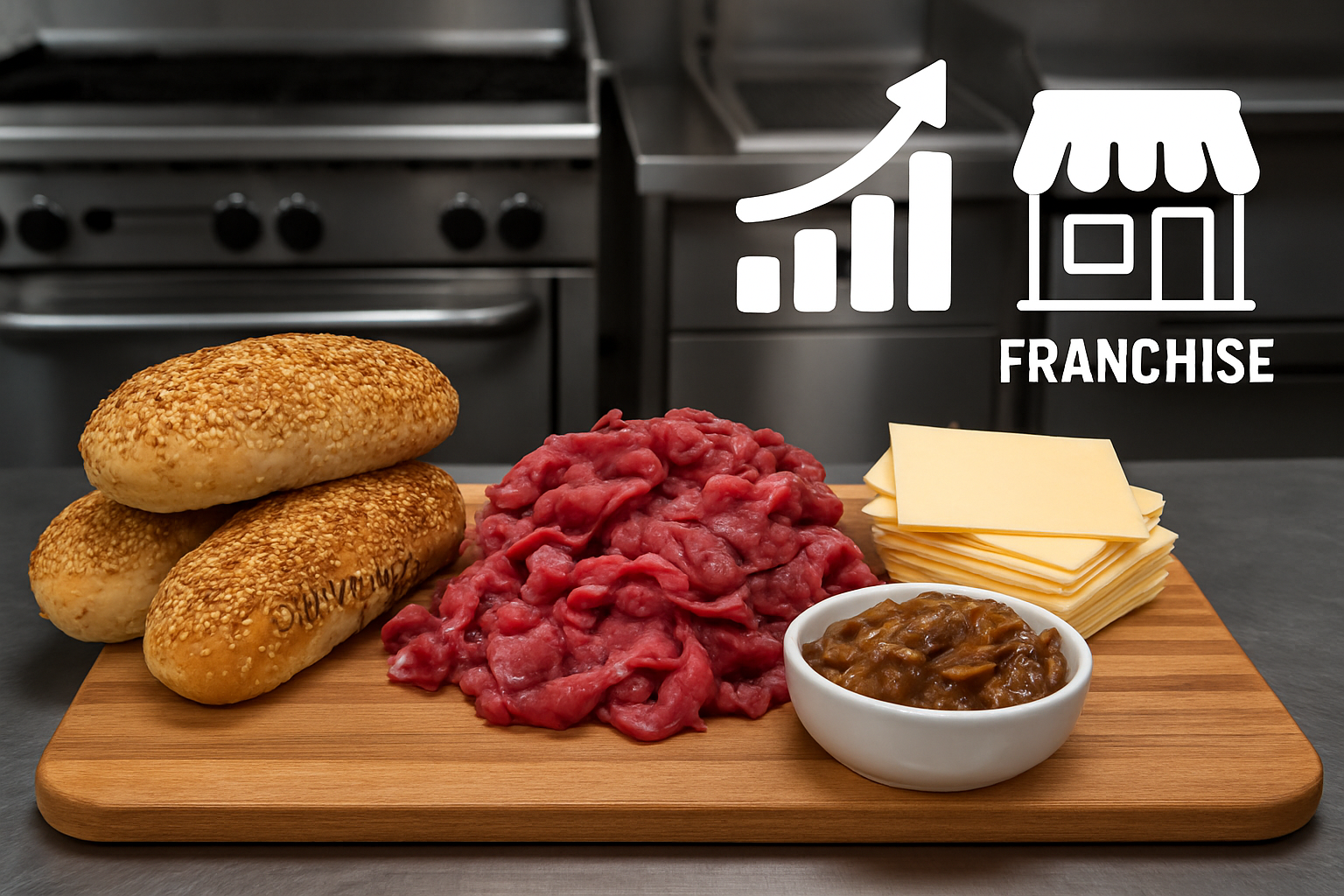 Landscape image (1536x1024) showing New York pizza franchise success elements - authentic ribeye cheesesteak ingredients laid out profession