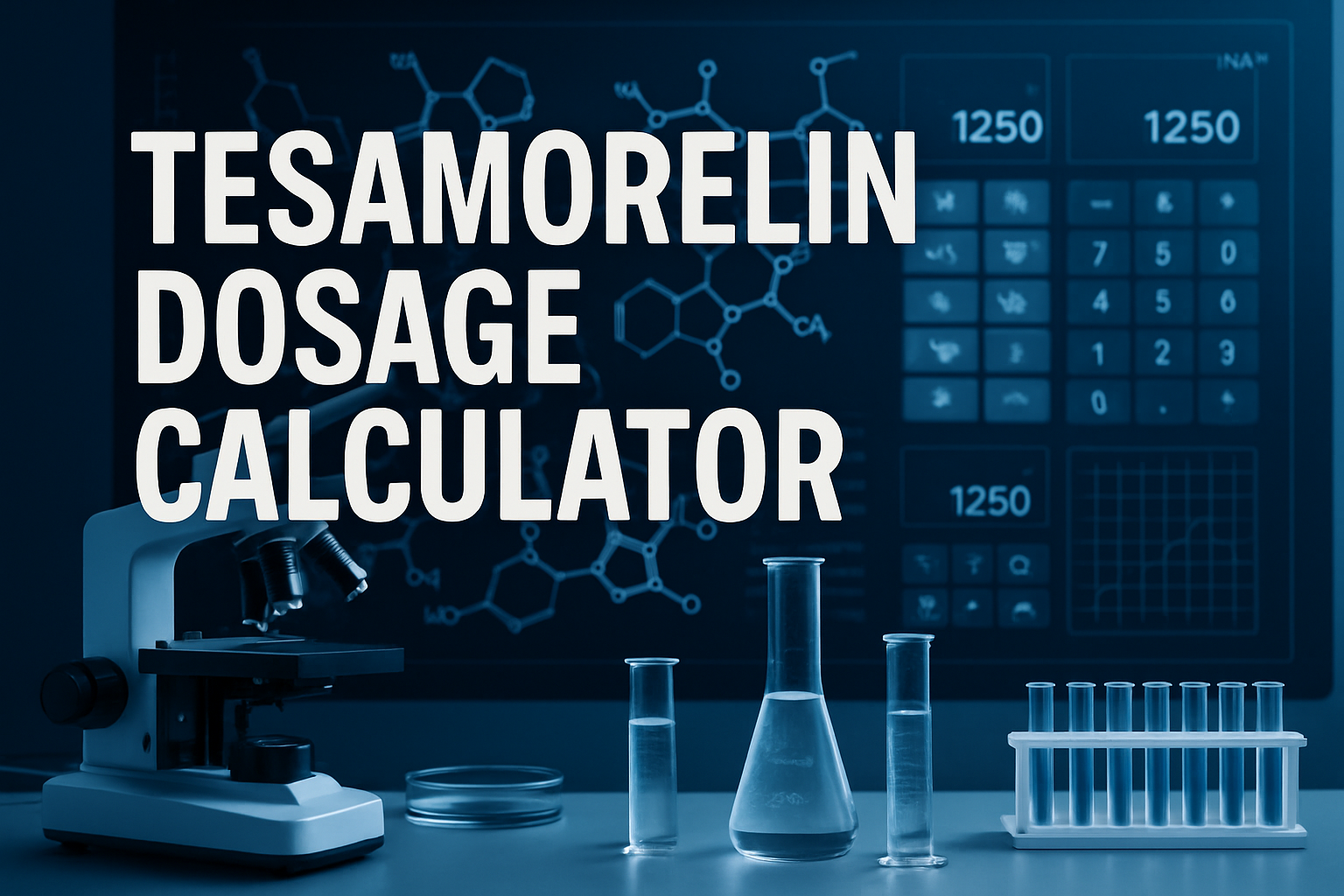 Professional landscape hero image (1536x1024) featuring bold text overlay 'Tesamorelin Dosage Calculator' in extra large 72pt white sans-ser