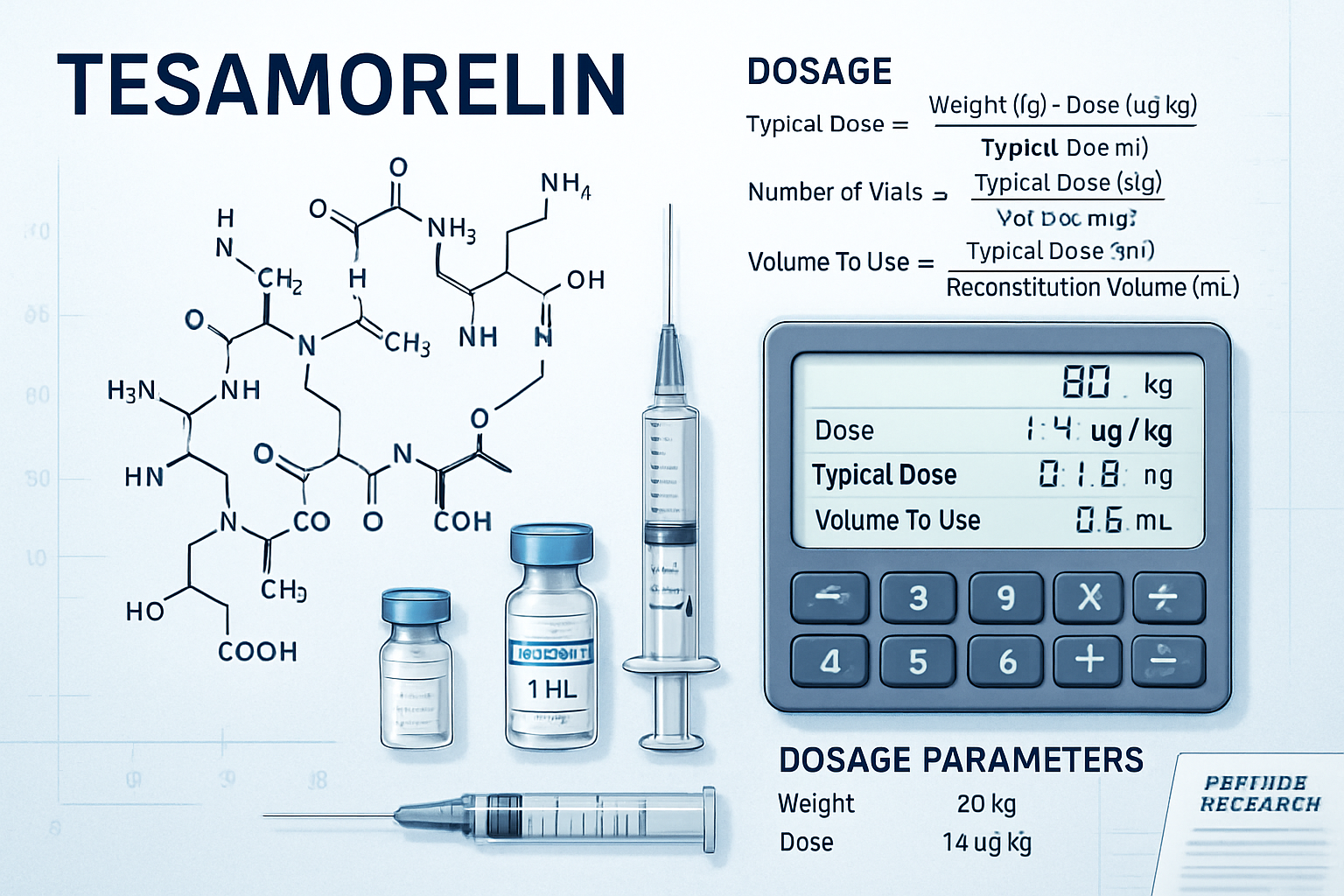 Scientific infographic showing tesa molecular structure with calculation formulas, dosage measurement tools including syringes and vi