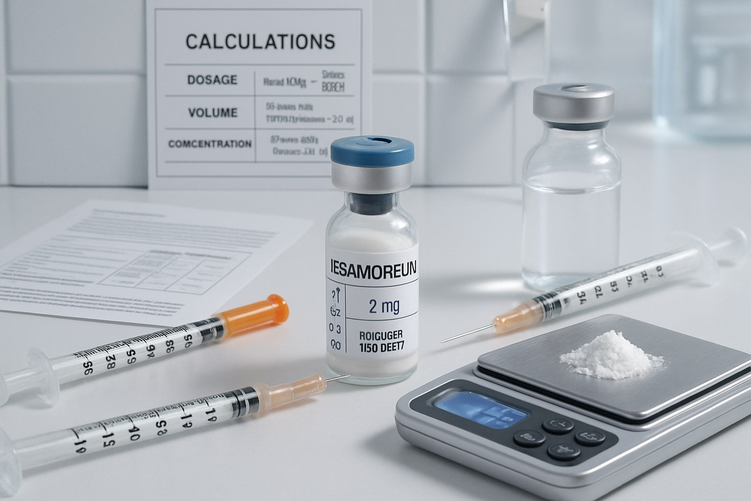 Laboratory research scene featuring tesa vial with measurement markings, precise dosing equipment including insulin syringes, digital