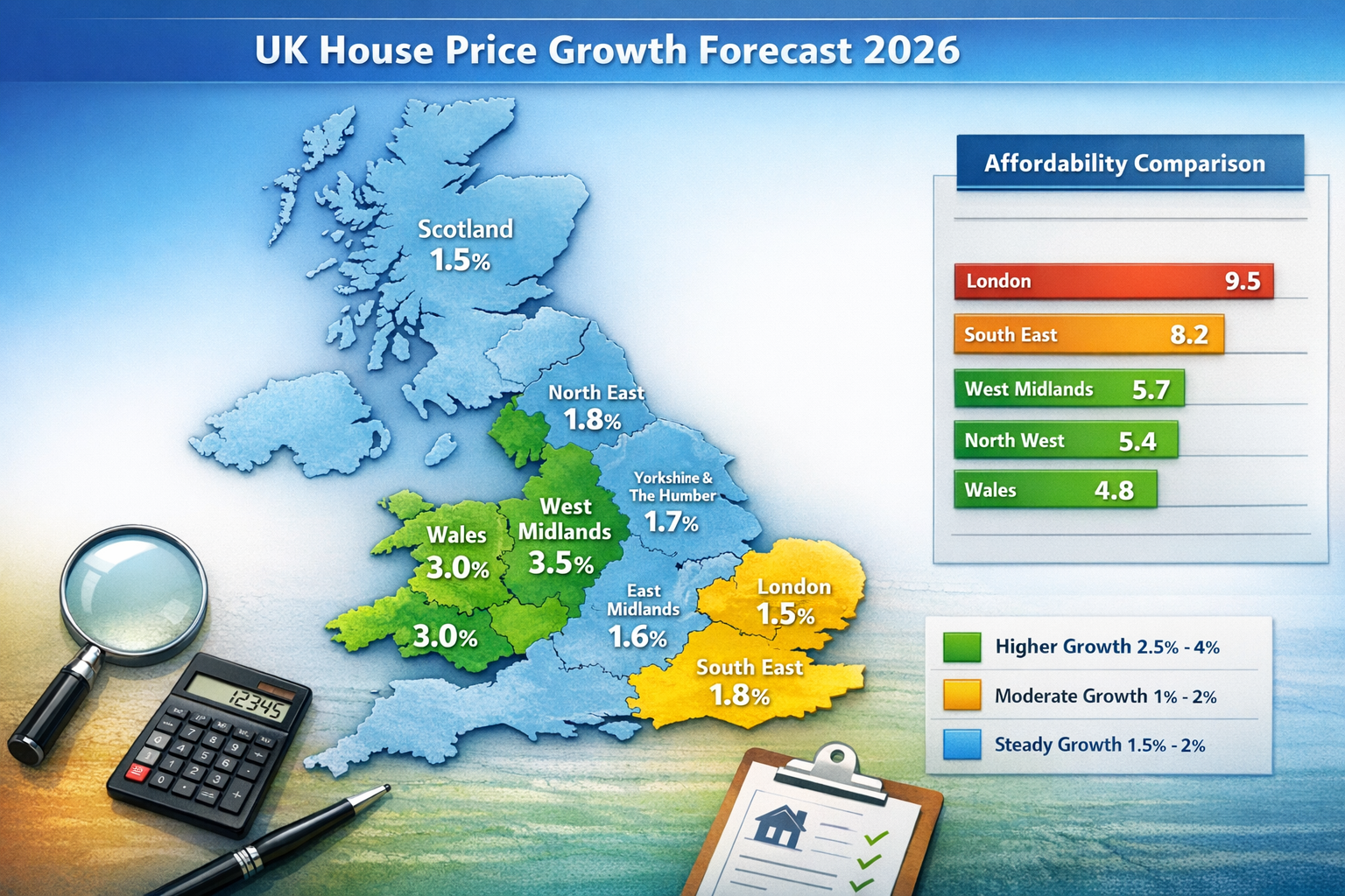 Detailed landscape format (1536x1024) regional UK heat map illustration showing house price growth variations across different regions for 2