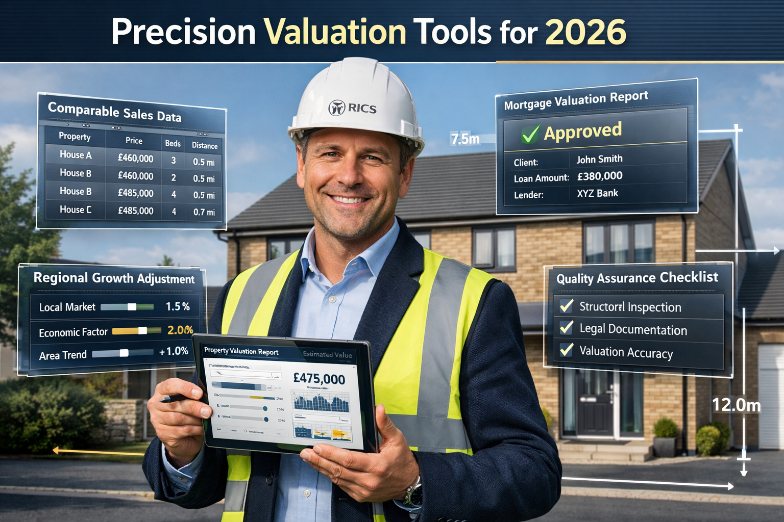 Detailed landscape format (1536x1024) professional surveying toolkit visualization showing chartered surveyor conducting property valuation.
