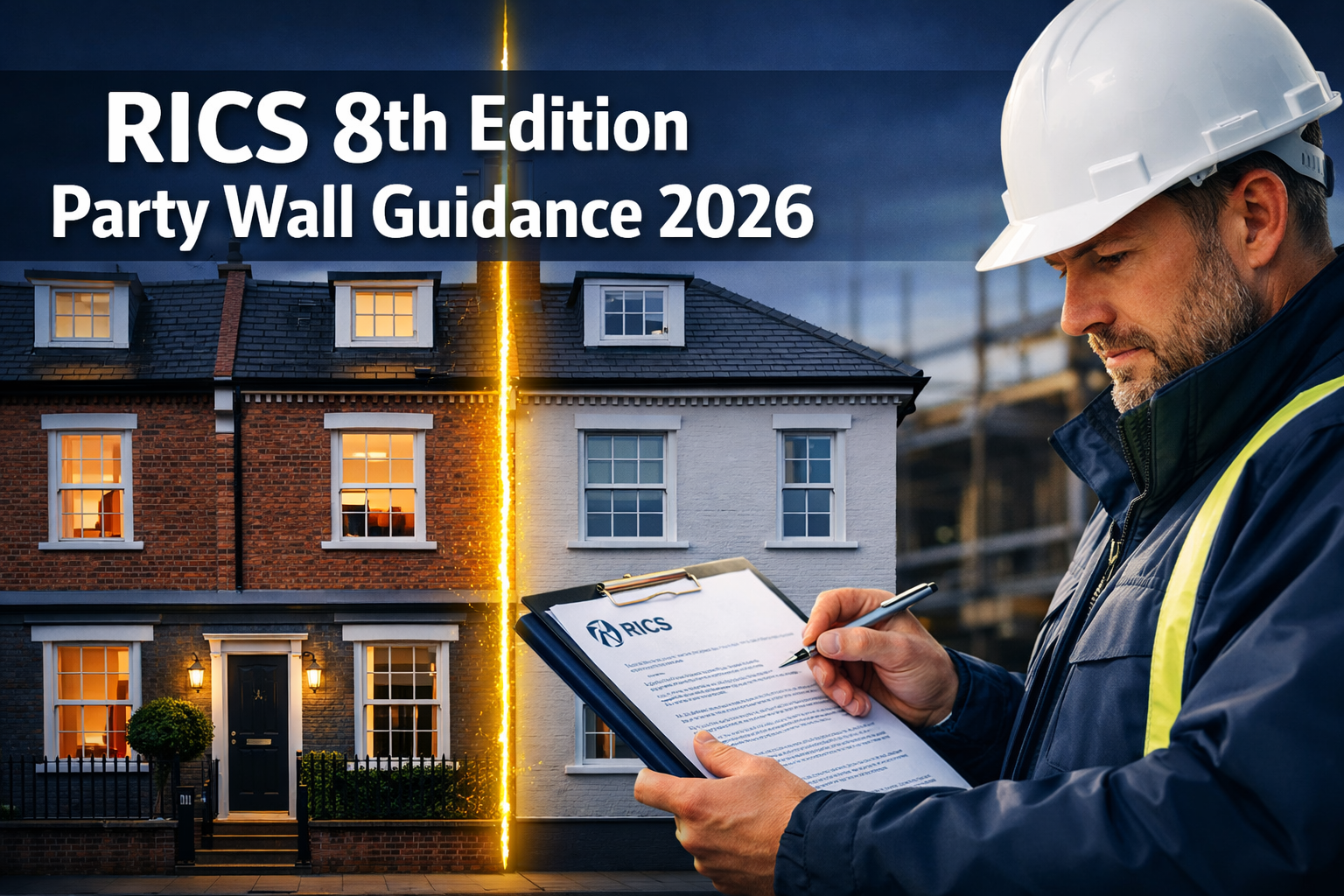 Professional () hero image with : 'RICS 8th Edition Party Wall Guidance 2026' in extra large white with dark drop , centered
