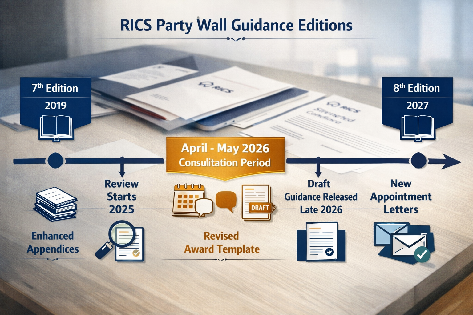 Detailed () infographic-style illustration showing a timeline of RICS party wall guidance editions from 7th to 8th edition,