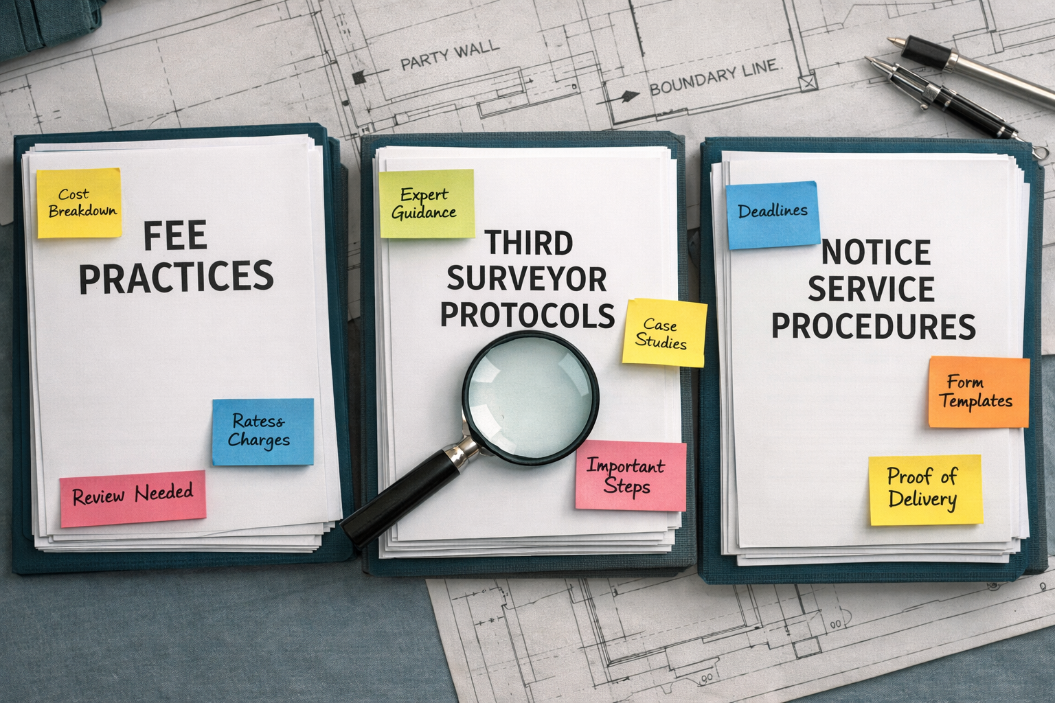 () showing a close-up overhead bird's-eye view of a surveyor's desk with three distinct document stacks labeled 'Fee