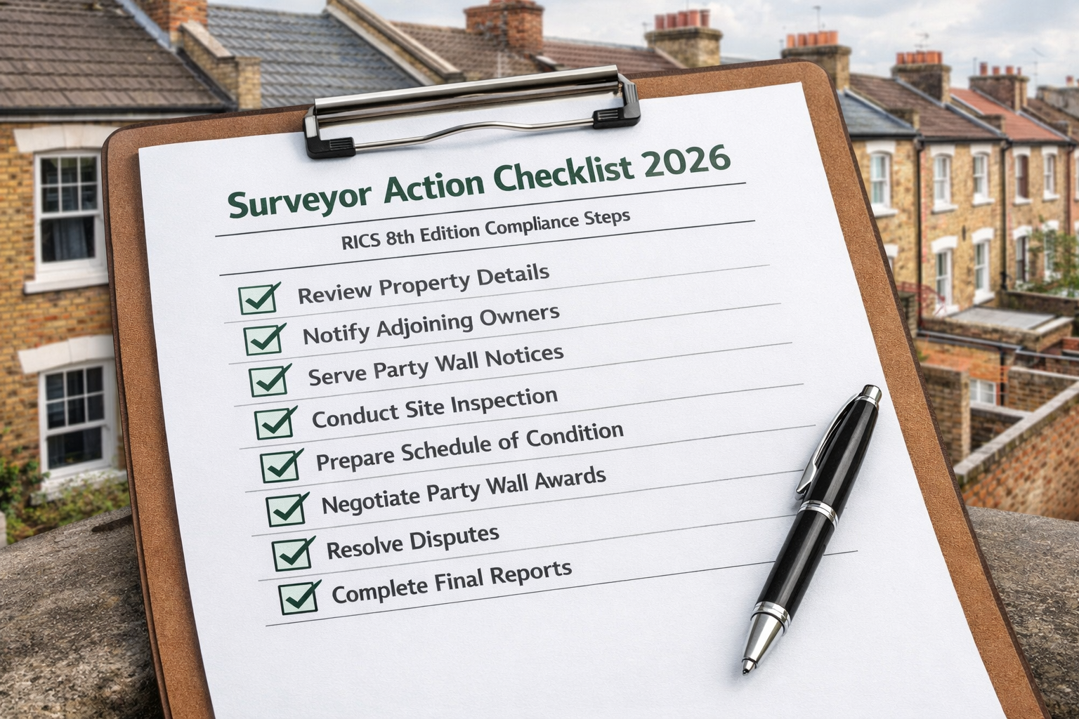 () depicting a practical checklist scene: a large formatted checklist on a clipboard with checkboxes for surveyor compliance