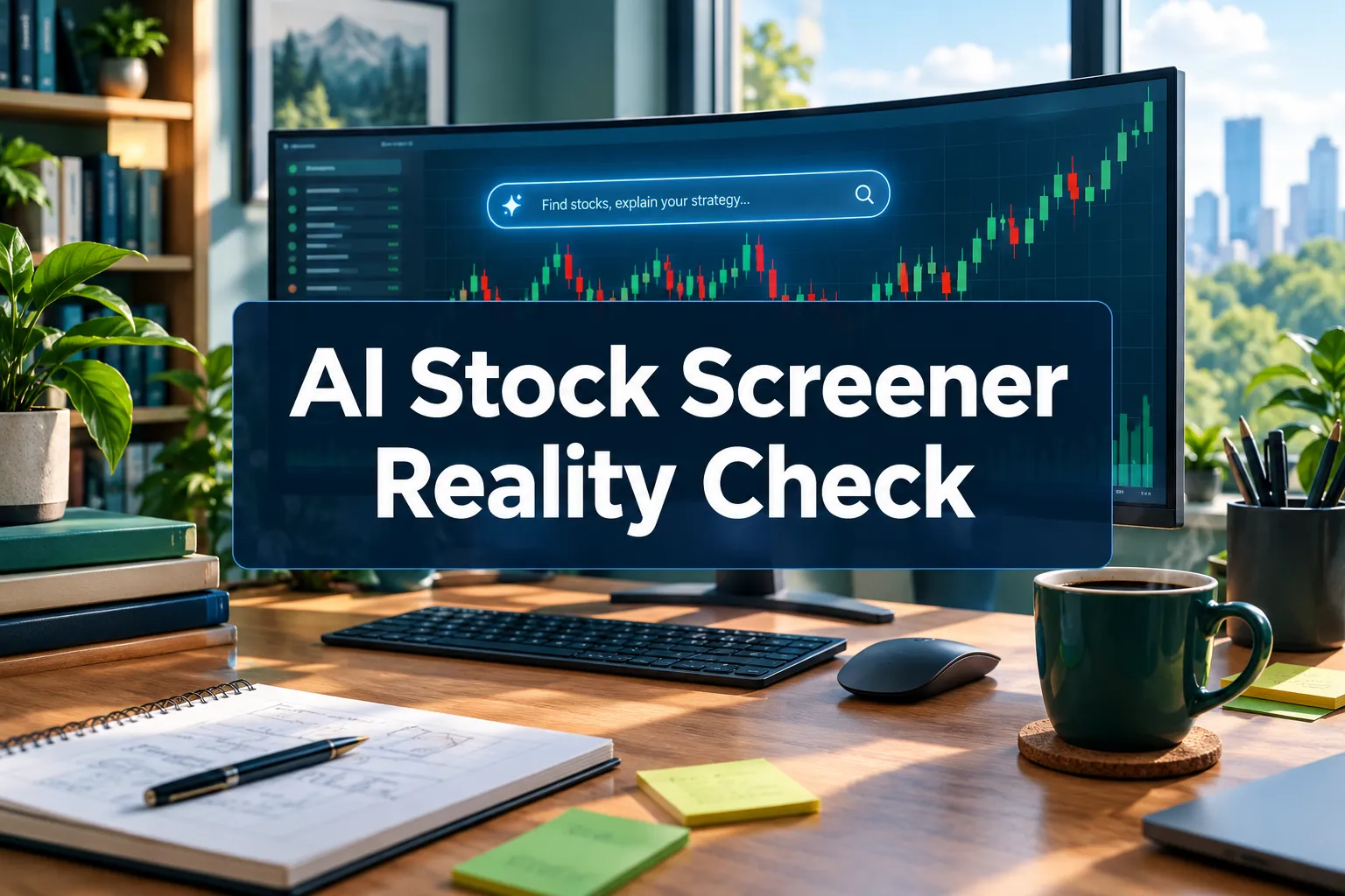 AI stock screener cover image with a plain English search bar on a chart screen