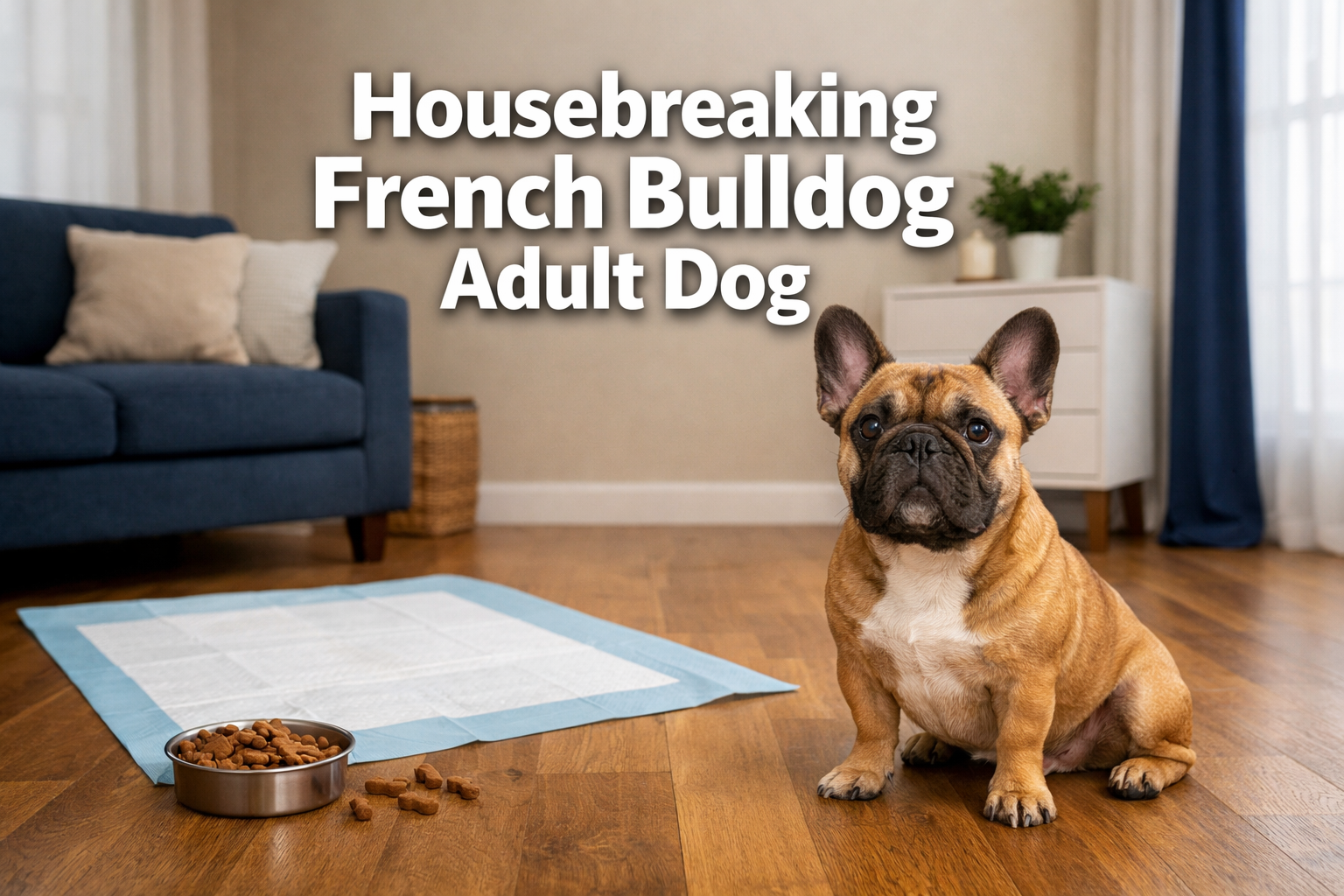 Professional landscape format (1536x1024) hero image featuring bold text overlay 'Housebreaking French Bulldog Adult Dog' in extra large 70p