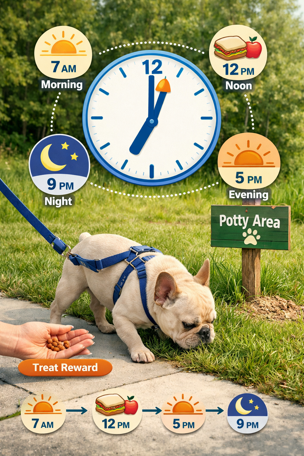 Portrait format (1024x1536) image showing adult French Bulldog on leash being guided to designated potty area outdoors, owner's hand visible
