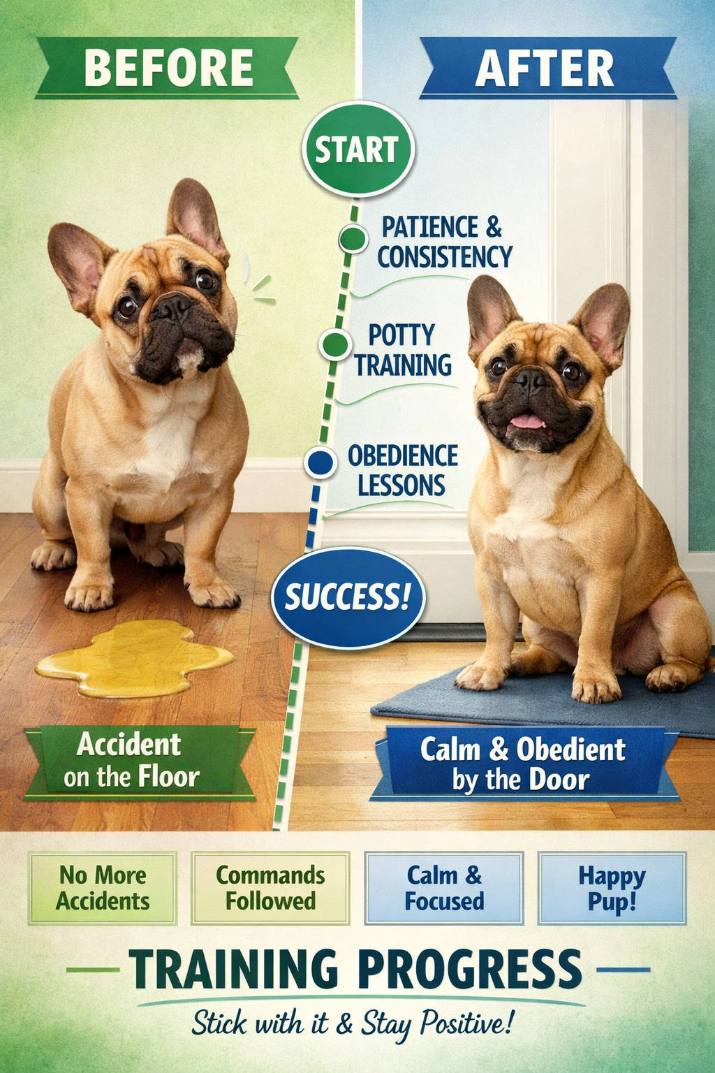 Portrait format (1024x1536) image showing before/after comparison of French Bulldog training progress, left side shows confused dog with acc