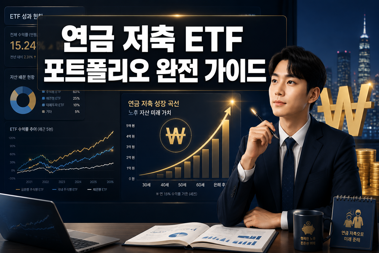 Professional () hero image featuring Korean '연금 저축 ETF 포트폴리오 완전 가이드' in extra la