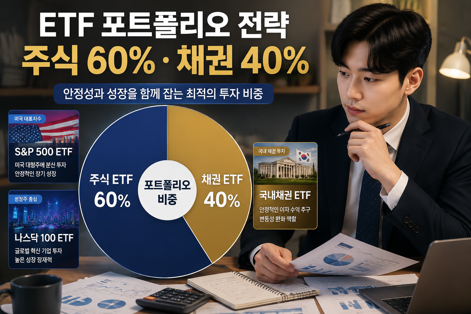 () showing a circular portfolio allocation pie chart with Korean labels: 주식 ETF