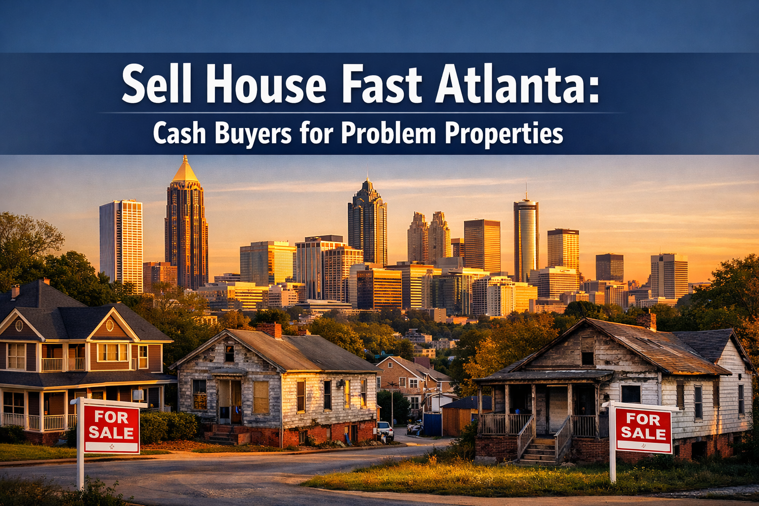 Professional landscape hero image (1536x1024) featuring bold text overlay 'Sell House Fast Atlanta: Cash Buyers for Problem Properties' in e