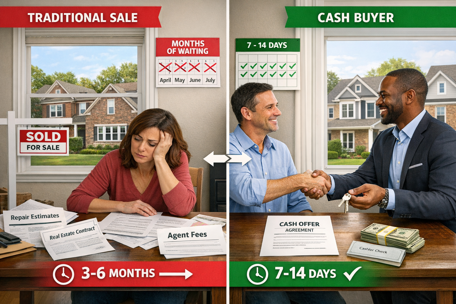 Detailed landscape editorial image (1536x1024) showing split-screen comparison of traditional real estate sale versus cash buyer process in
