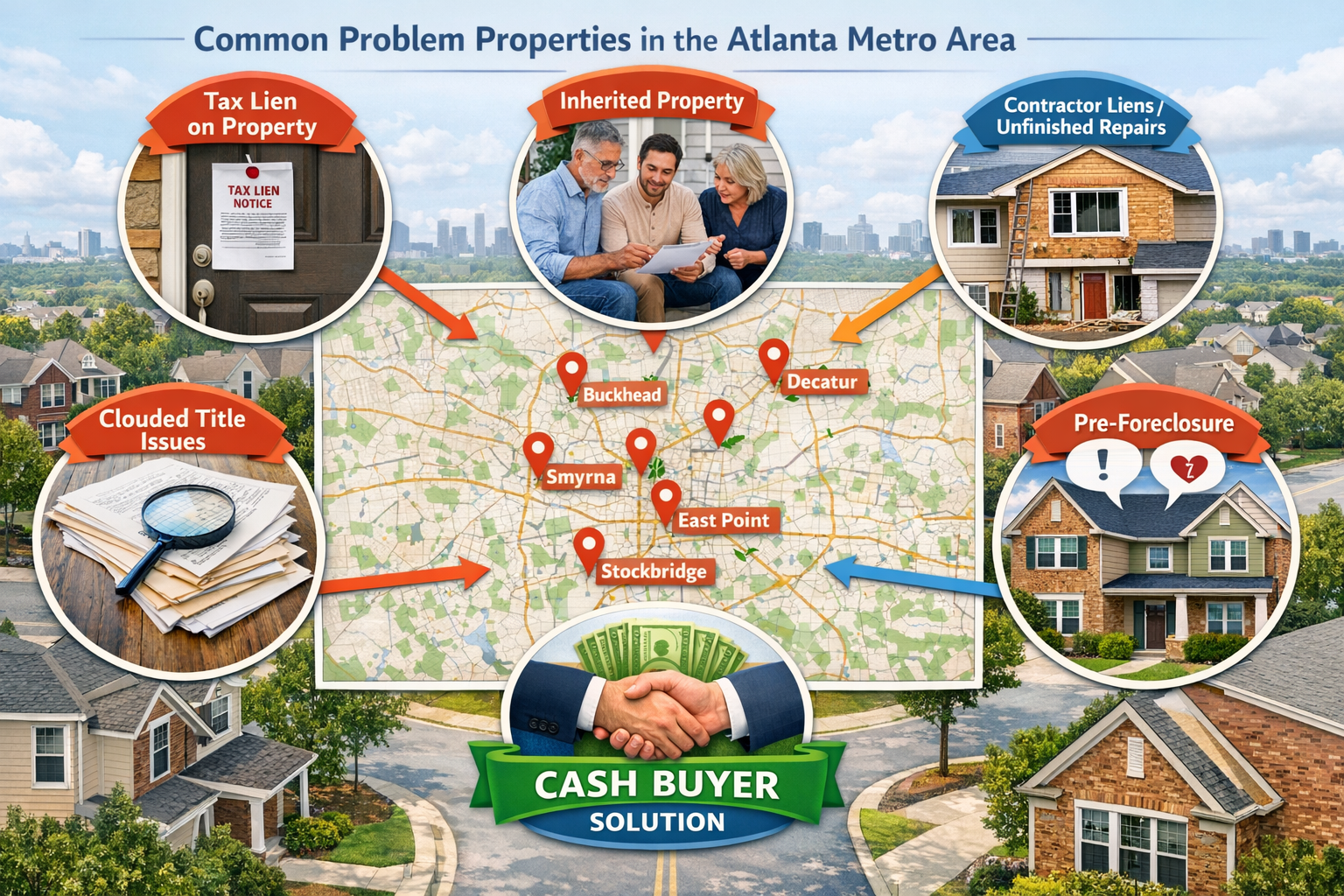 Detailed landscape infographic image (1536x1024) illustrating common problem properties in Atlanta metro area with visual examples and solut