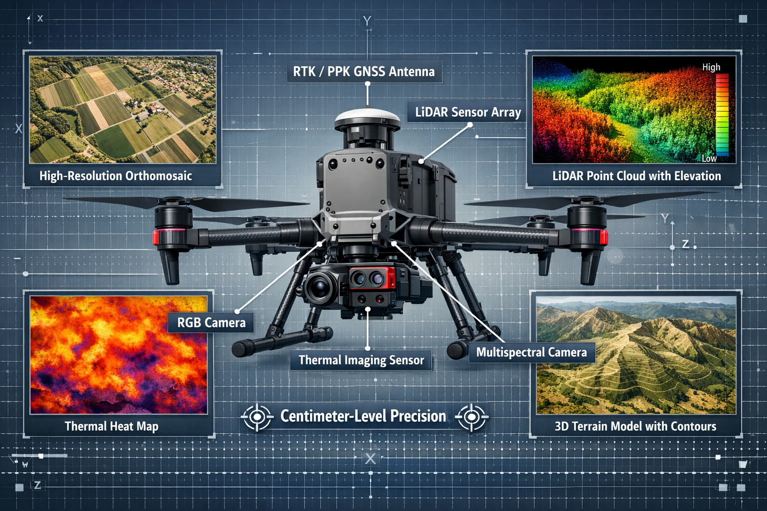 Detailed landscape format (1536x1024) technical illustration showcasing multi-sensor drone integration for topographic mapping applications.