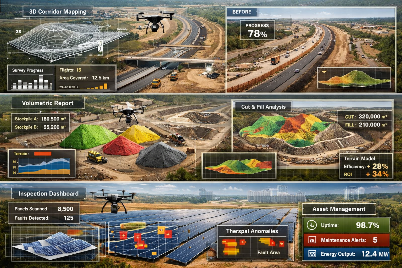 Detailed landscape format (1536x1024) composite image demonstrating real-world large-scale project applications of drone surveying across mu