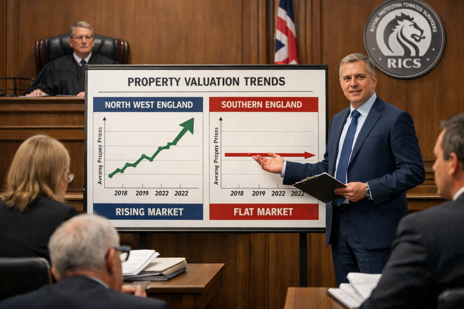 () detailed illustration showing courtroom scene with expert witness presenting valuation evidence. Central focus on