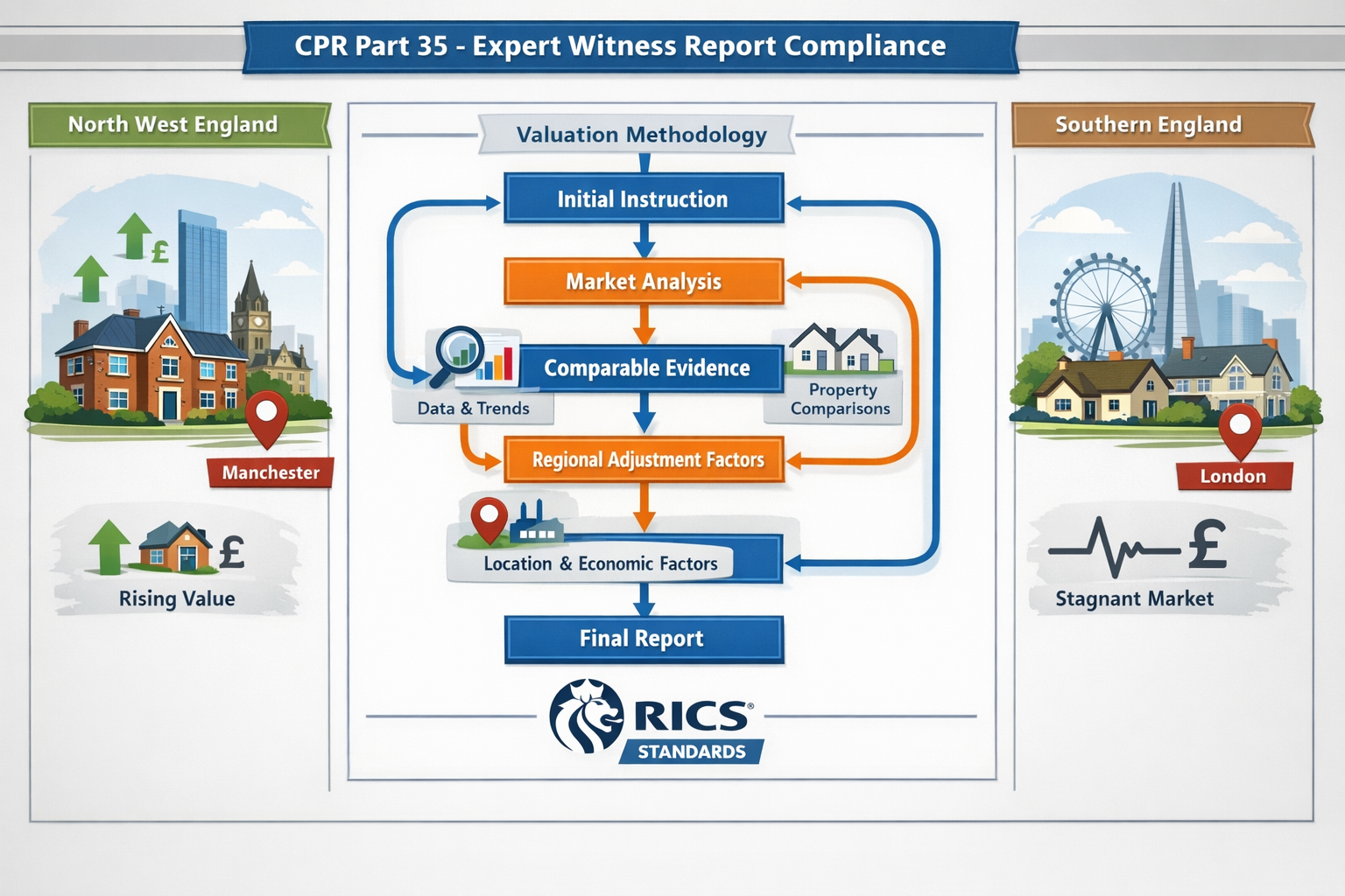 () infographic-style visualization depicting CPR Part 35 compliance framework for expert witness reports. Center shows