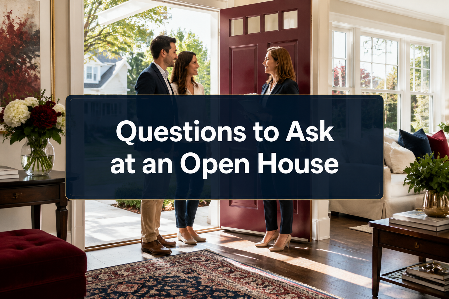 Buyers touring a staged living room during an open house