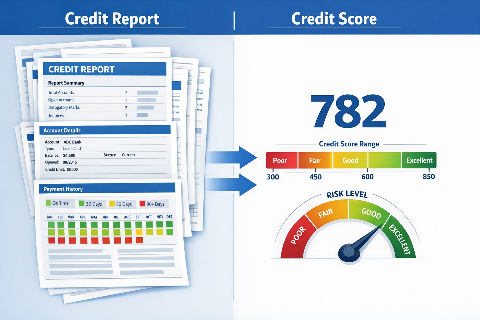 Landscape format (1536x1024) detailed comparison infographic showing credit report sample (left) with multiple pages, account details, payme