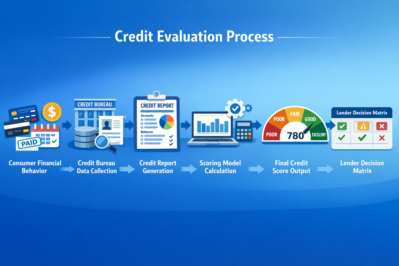 Landscape format (1536x1024) step-by-step visual workflow diagram showing the credit evaluation process: consumer financial behavior (paymen