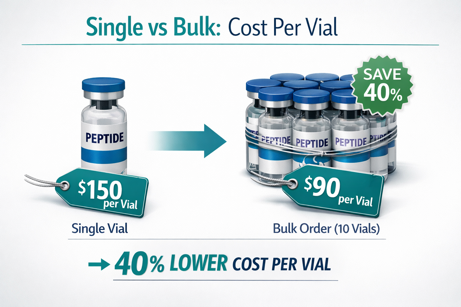 Detailed () image showing a comparison infographic layout for bulk peptide purchasing. Left side displays a single peptide