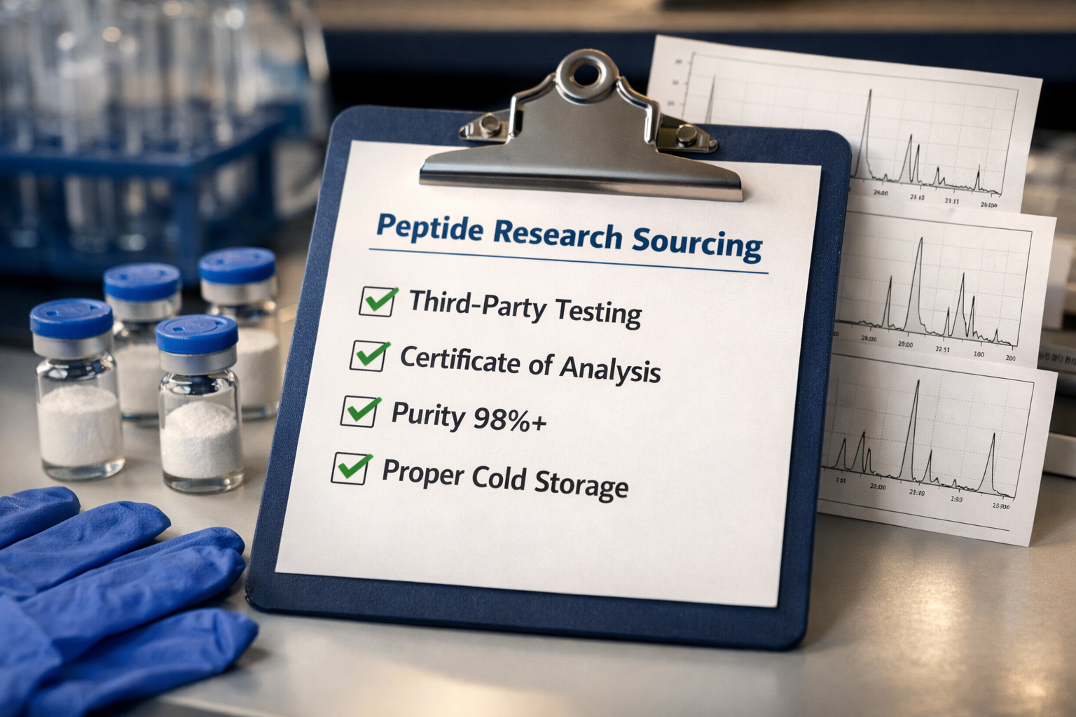 Detailed () image depicting a quality assurance checklist concept for peptide research sourcing. A clipboard with checkmarks