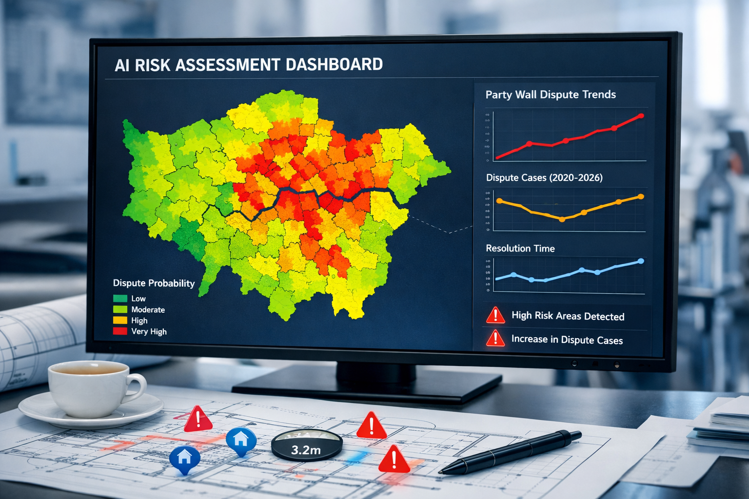Detailed () image showing close-up of AI-powered risk assessment dashboard on large desktop monitor in modern surveyor's