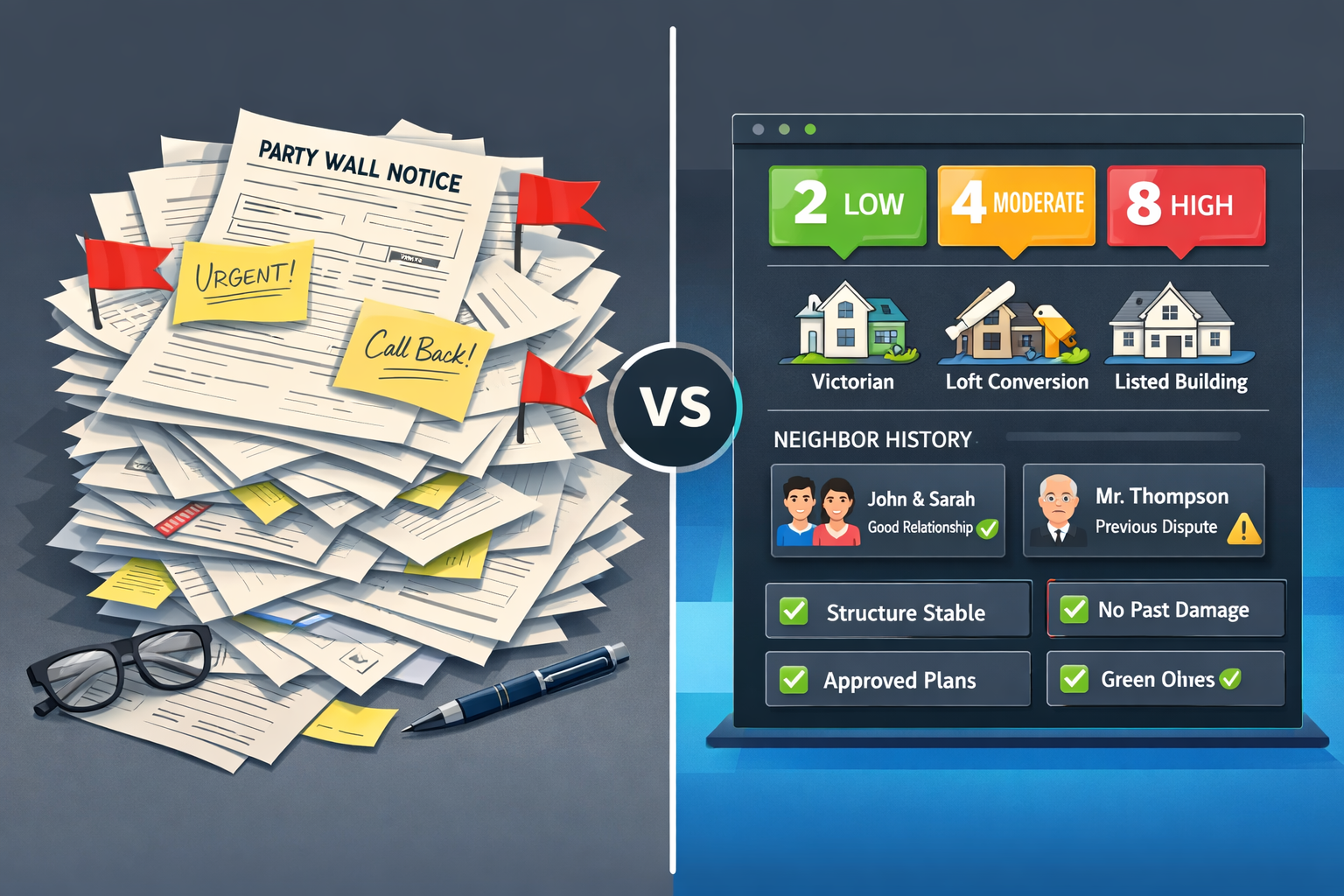 Detailed () image depicting split-screen comparison visualization: left panel shows traditional paper-based party wall