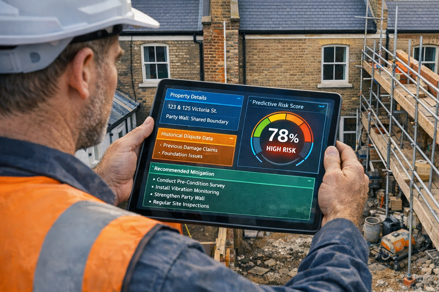 Detailed () image showing bird's-eye view of construction surveyor using tablet device at building site with two adjoining