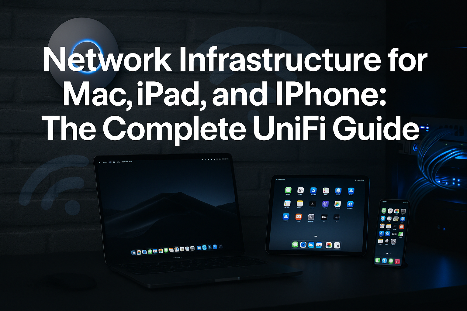 Professional landscape hero image (1536x1024) featuring bold white text overlay 'Network Infrastructure for Mac, iPad, and iPhone: The Compl