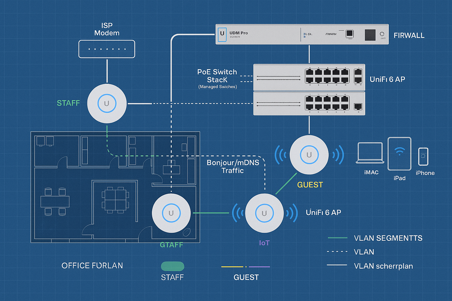 Detailed technical illustration (1536x1024) showing network topology diagram with ISP modem connecting to UniFi Dream Machine Pro firewall, 