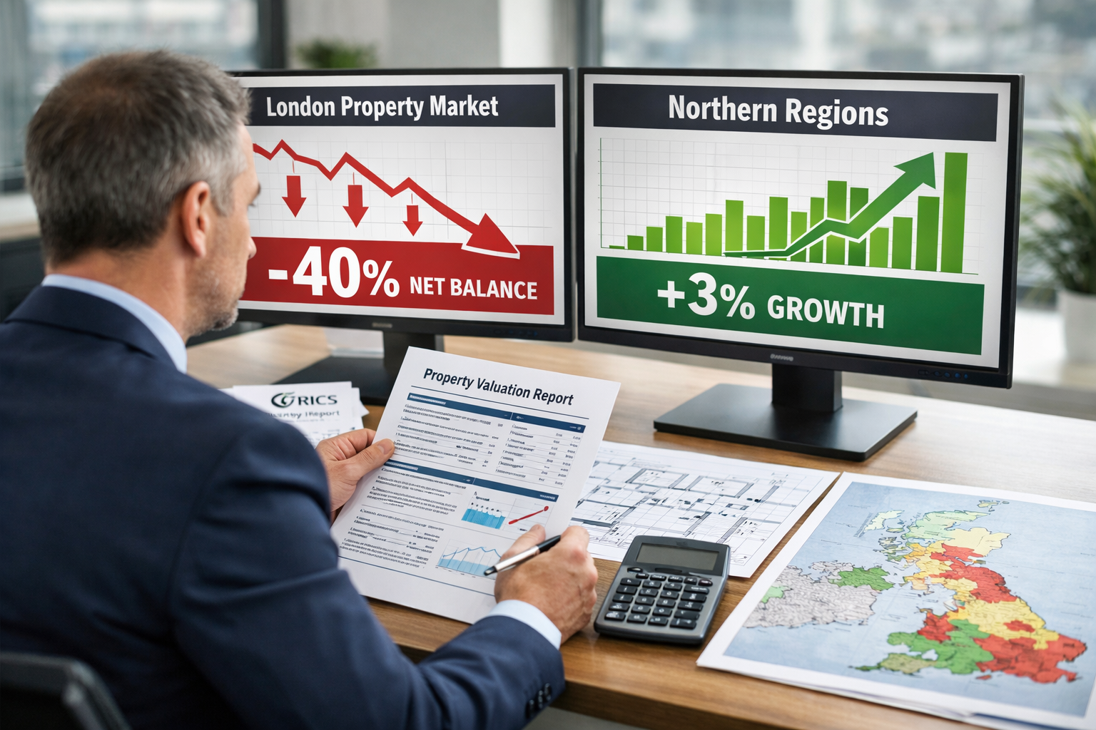 Detailed () editorial photograph showing professional chartered surveyor in business attire reviewing property valuation