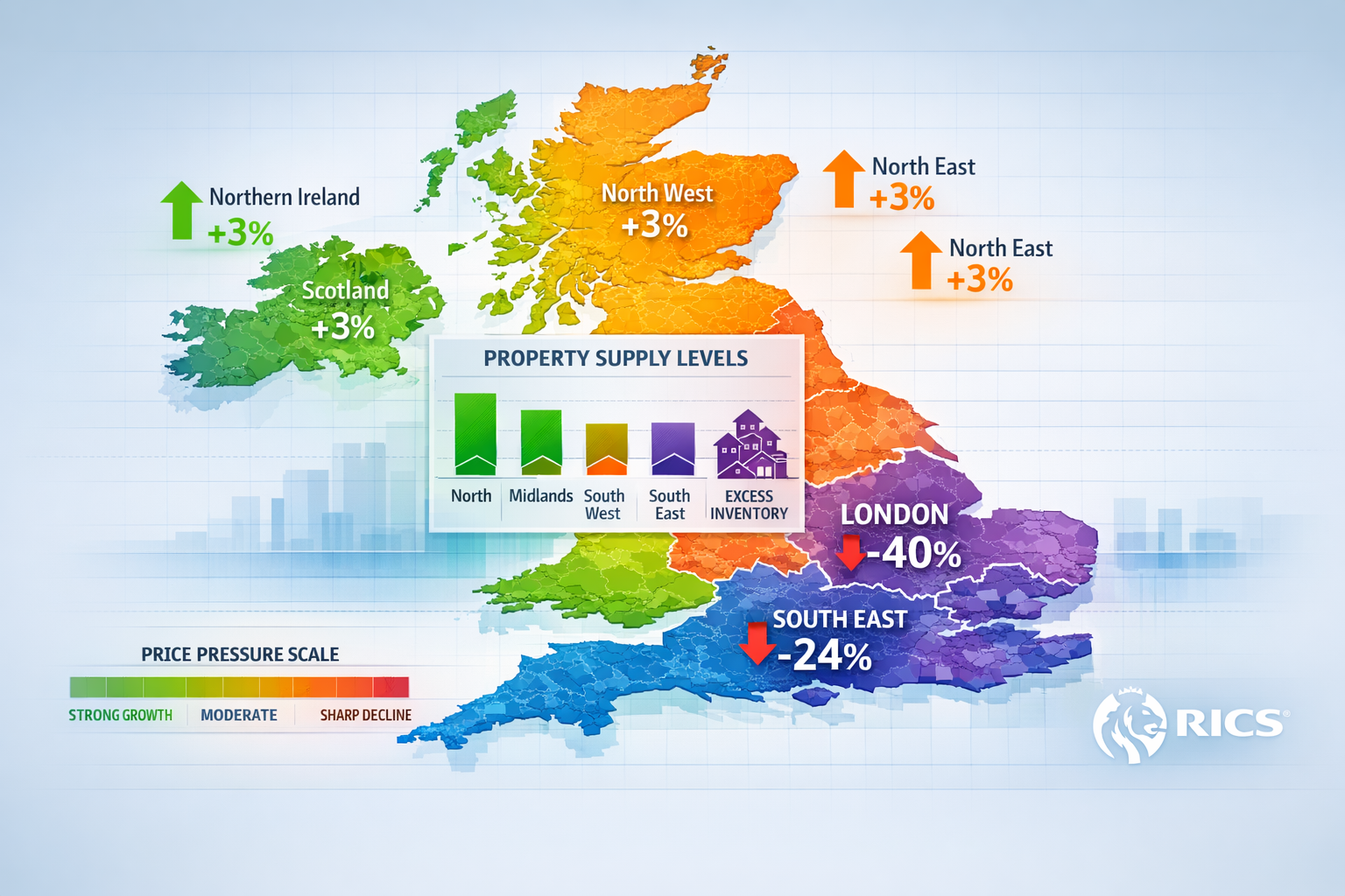 Detailed () infographic-style visualization showing UK map with distinct color gradients representing regional property