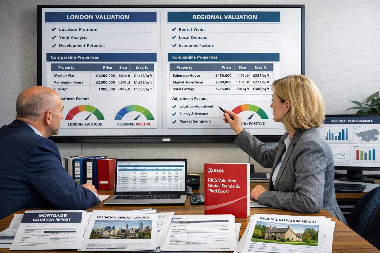 Detailed () professional scene showing two RICS registered valuers conducting comparative market analysis in contemporary