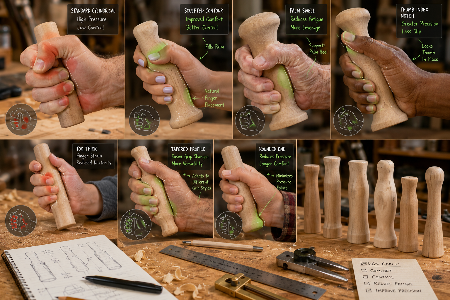 Detailed () image focusing on a close-up of different hand shapes gripping various prototype wooden tool handles,