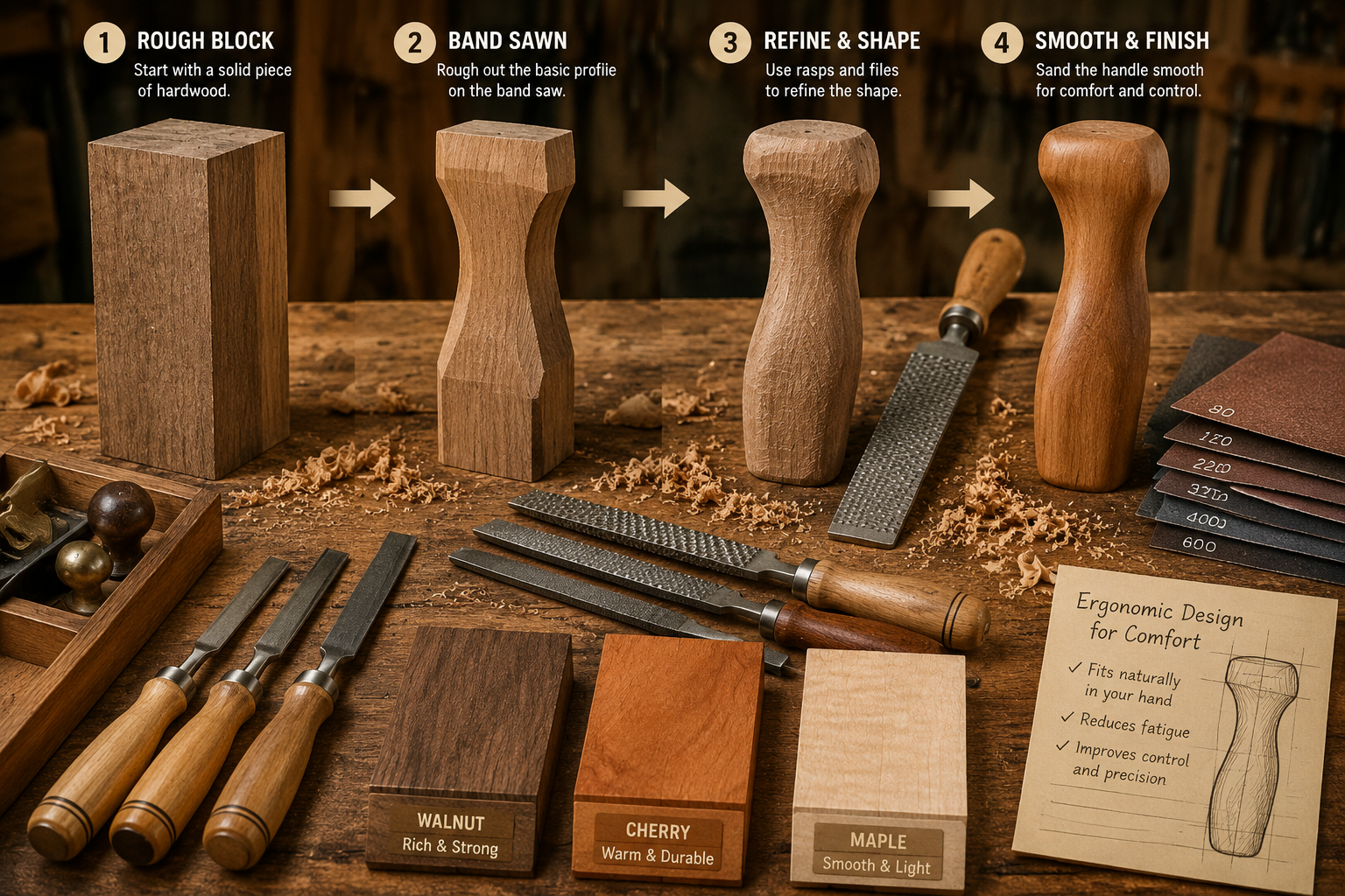 Detailed () image showcasing the step-by-step process of shaping a wooden tool handle, from a rough block to a finely