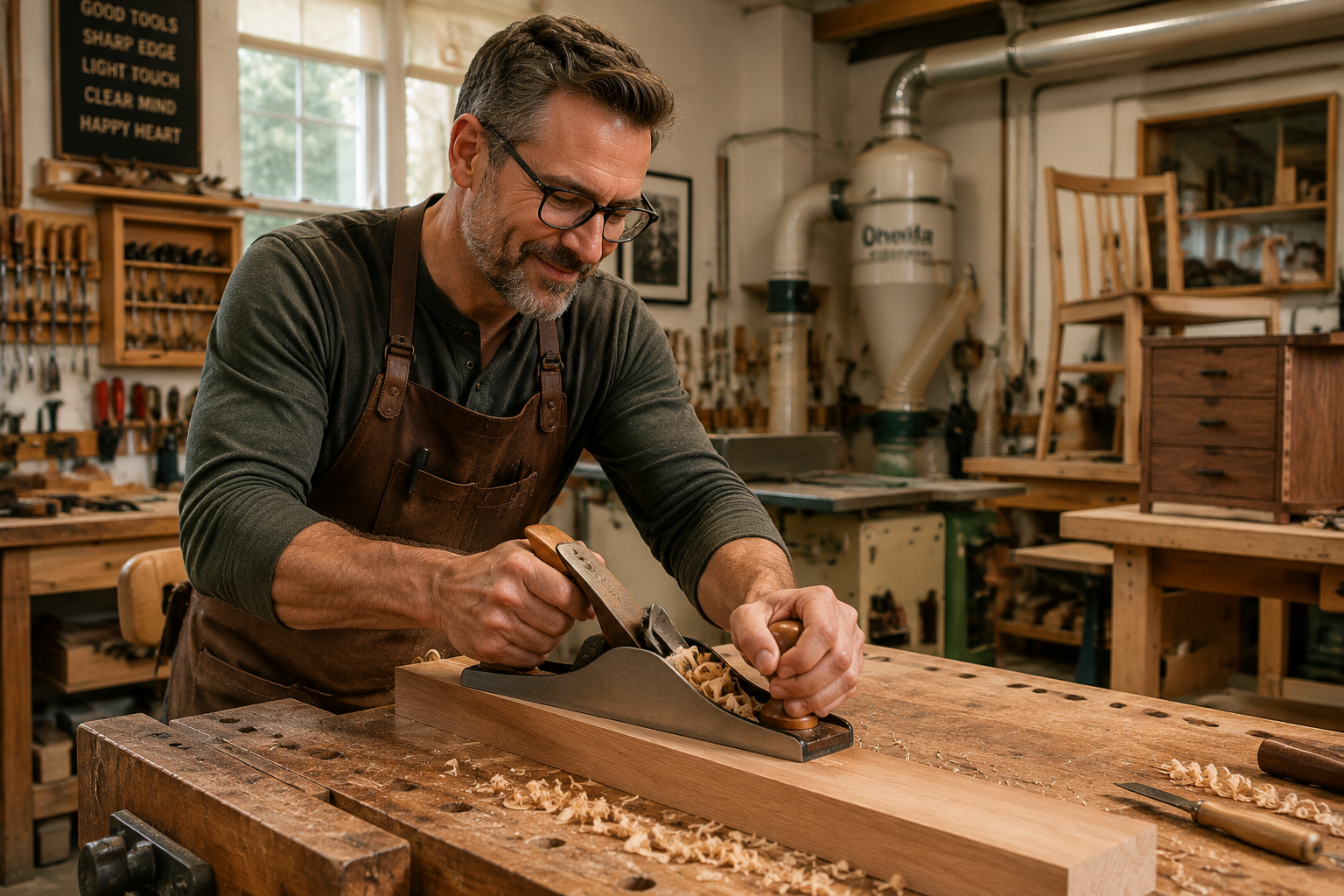 Detailed () image depicting a seasoned woodworker confidently using a hand tool with a newly crafted ergonomic wooden
