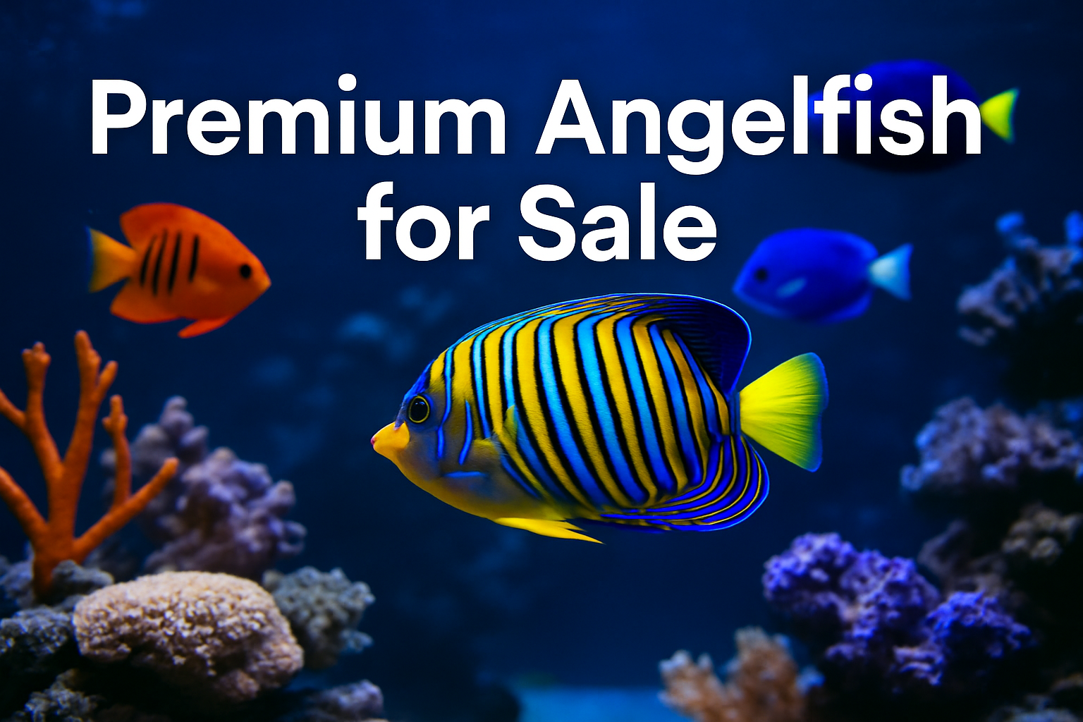 Professional landscape hero image (1536x1024) featuring bold text overlay 'Premium Angelfish for Sale' in extra large 70pt white sans-serif 
