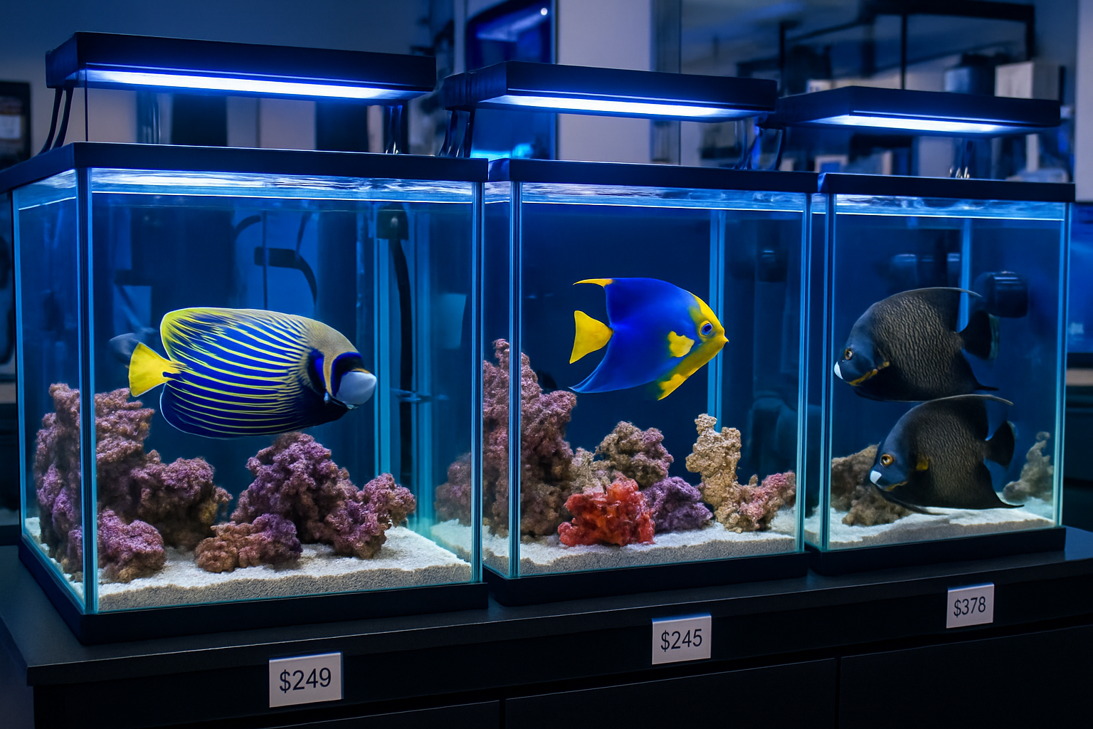 Detailed landscape image (1536x1024) showing diverse collection of premium saltwater angelfish species in professional aquarium display tank