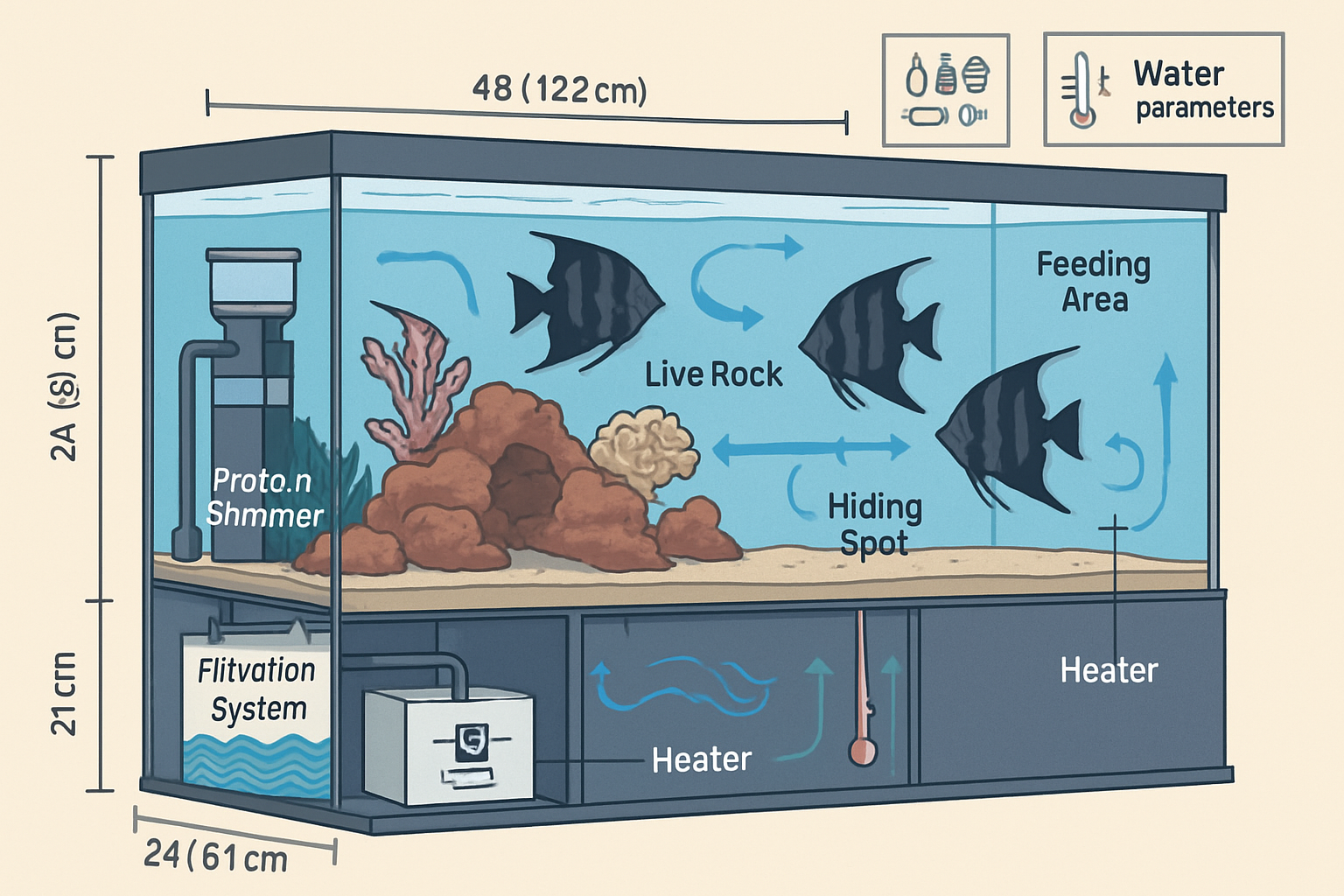 Professional landscape image (1536x1024) illustrating comprehensive angelfish care setup guide with cutaway view of ideal marine aquarium. S