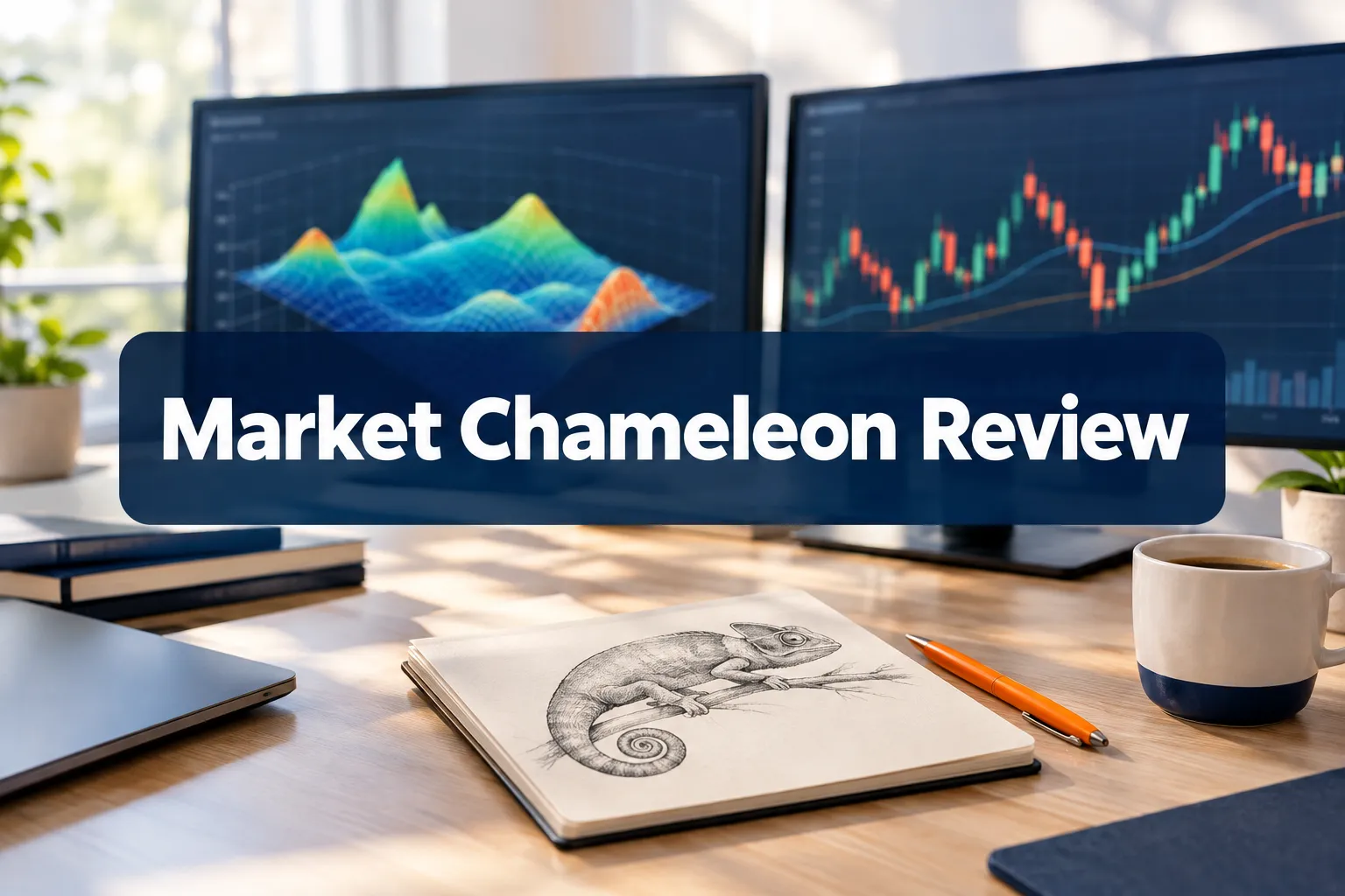 Professional () editorial hero image with SHORT reading exactly 'Market Chameleon Review' in heavy white on a deep navy
