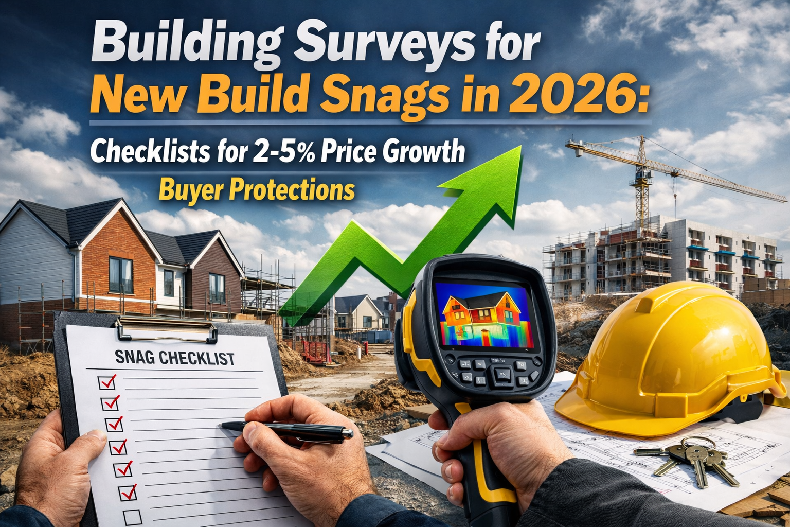 Professional landscape hero image () with : "Building Surveys for New Build Snags in 2026: Checklists for 2-5% Price Growth