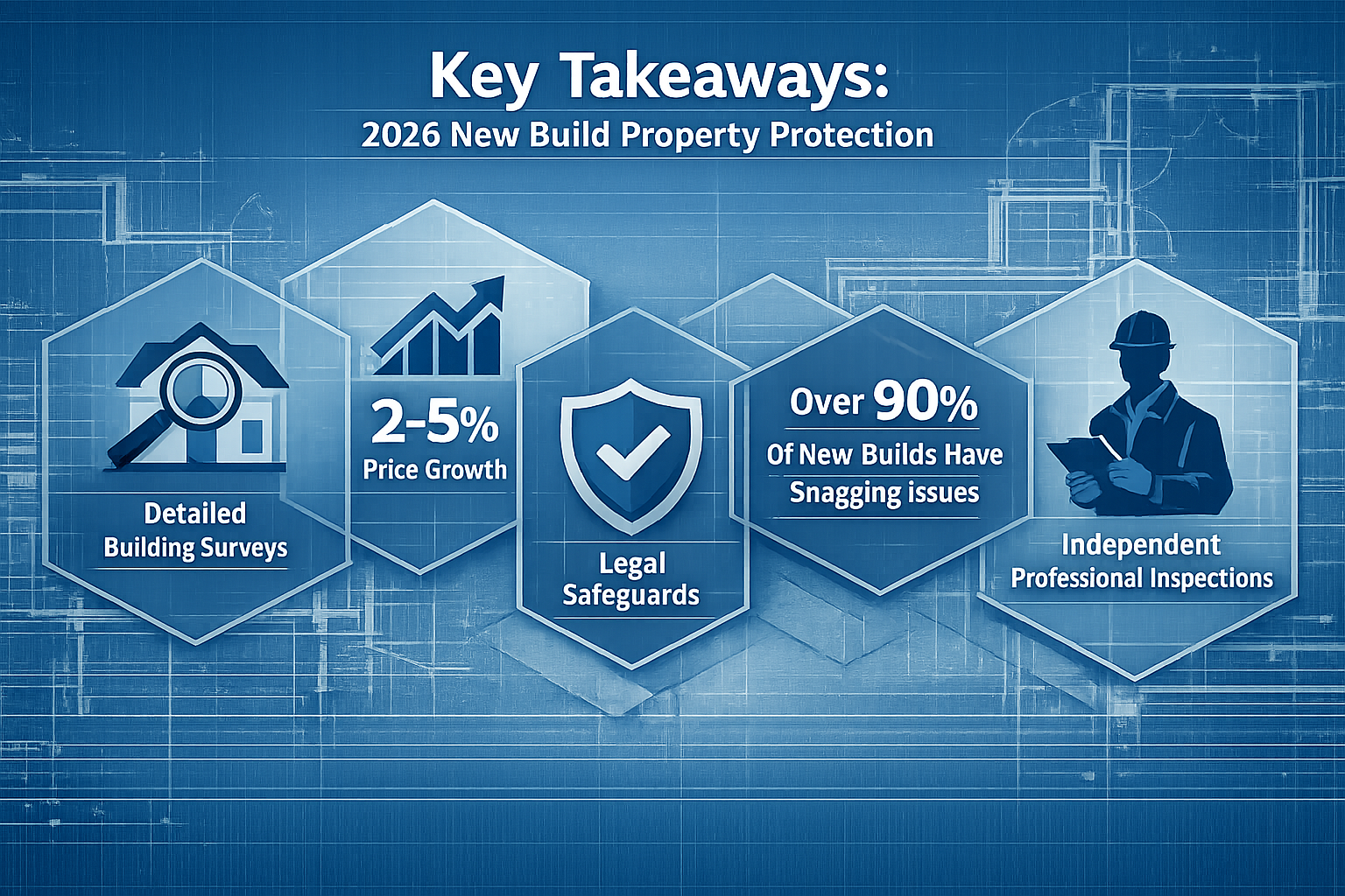 Infographic-style visual for 'Key Takeaways' with multiple transparent overlapping hexagonal panels, each highlighting