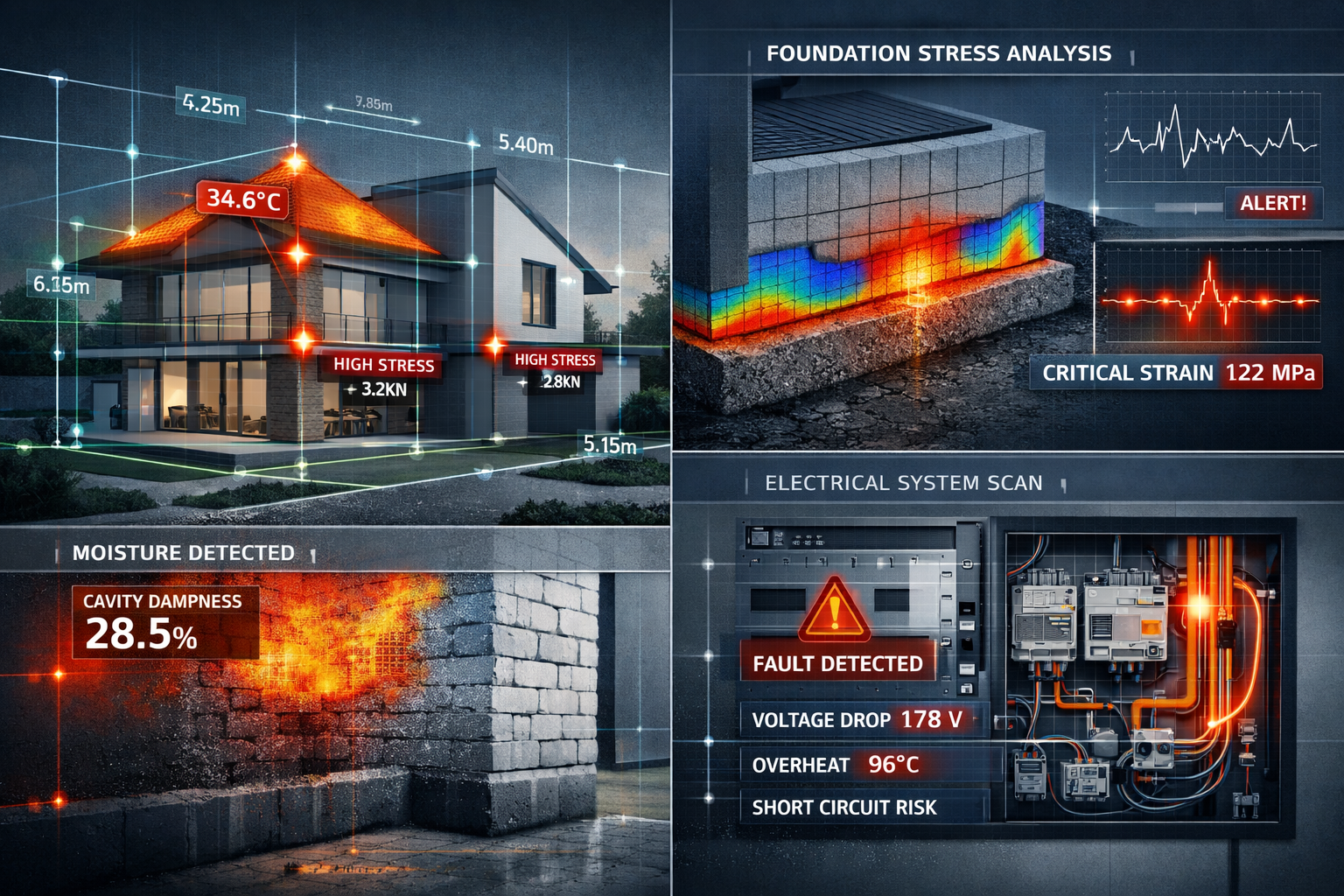 Architectural visualization showing a contemporary new build property with semi-transparent technical inspection : laser