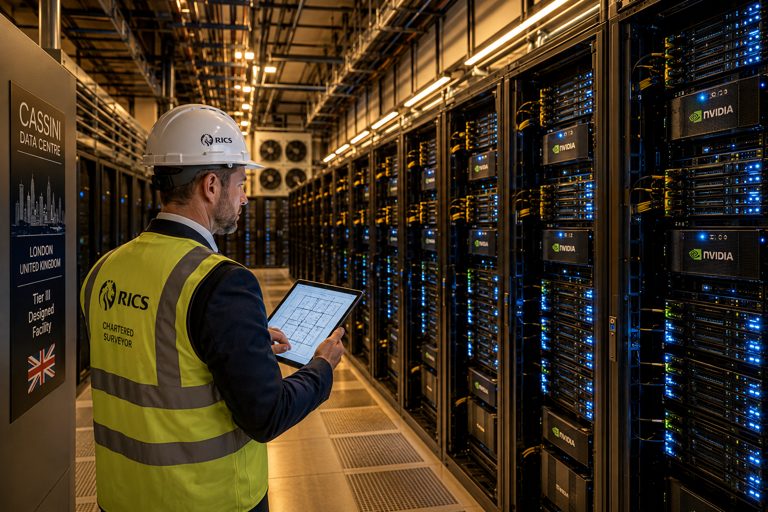 Wide-angle interior shot of a high-density UK data centre server hall with rows of GPU-loaded server racks, overhead cable