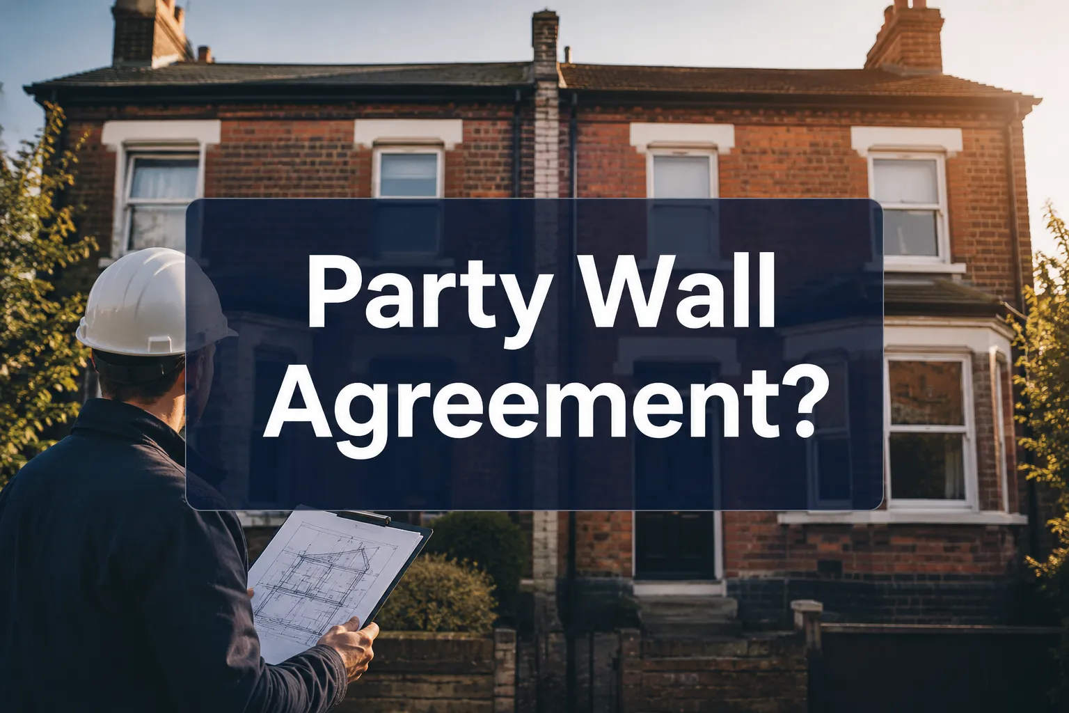 Professional () hero image with 'Party Wall Agreement?' in crisp white on a deep navy semi-transparent panel, centered with